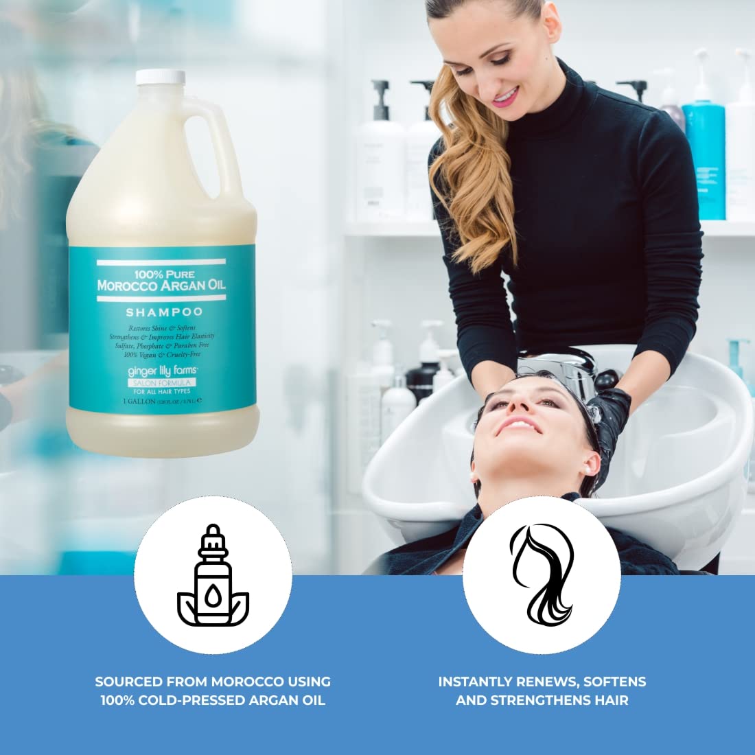 Gallon placed on salon backbar illustrating Ginger Lily Farms economical professional use