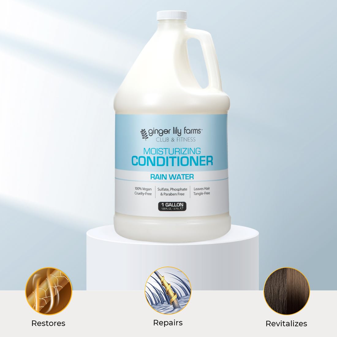 Ginger Lily Farms next to a shampoo bottle showing 1-gallon scale advantage