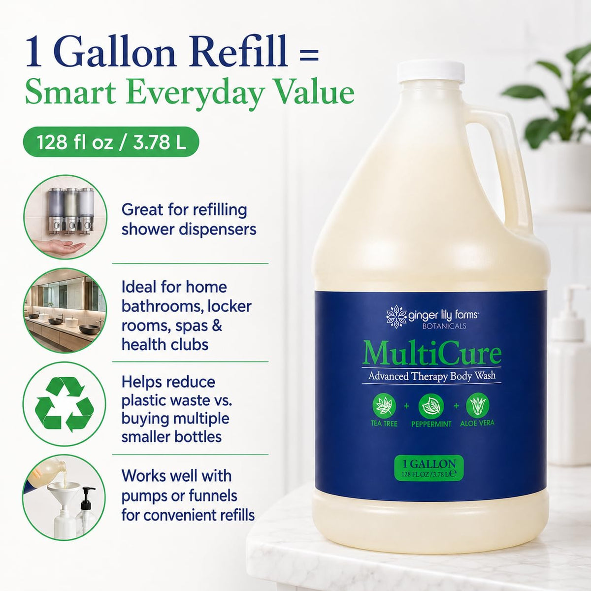 Ginger Lily Farms refilling a wall dispenser for low-waste bathroom benefit