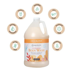 Ginger Lily Farms shower dispensers in gym illustrating bulk refill suitability