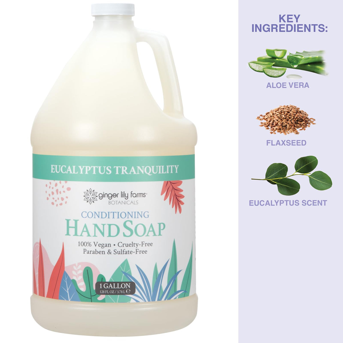 Ginger Lily Farms gallon next to a hand for scale showing large 128 fl oz capacity