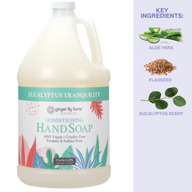 Ginger Lily Farms gallon next to a hand for scale showing large 128 fl oz capacity