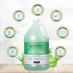 Ginger Lily Farms gallon next to water bottle conveying the commercial size advantage