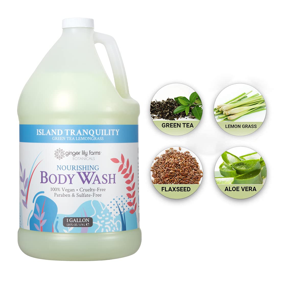 Ginger Lily Farms gallon held in hand showing scale and economical refill benefit