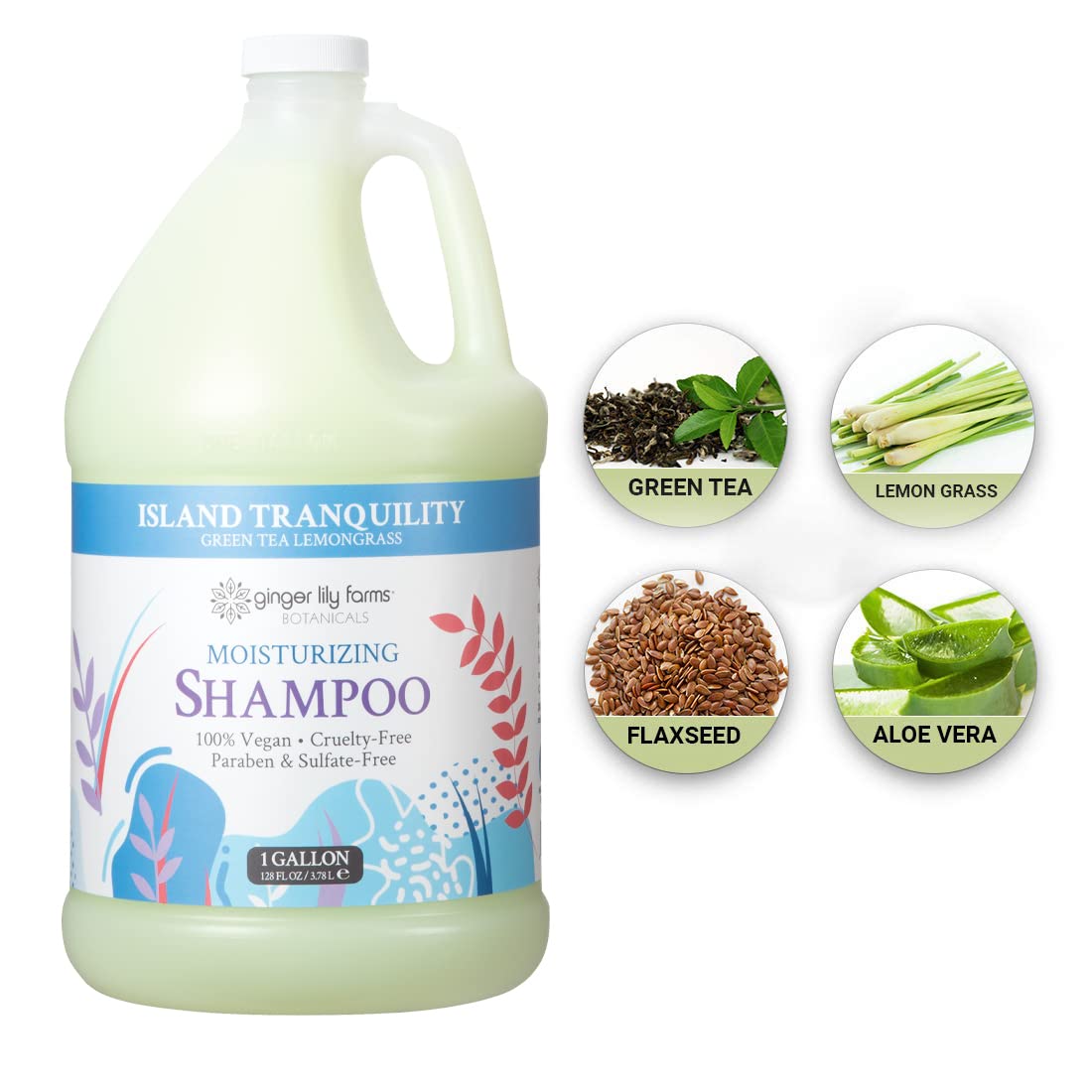 Ginger Lily Farms gallon beside shower dispenser demonstrating refill convenience