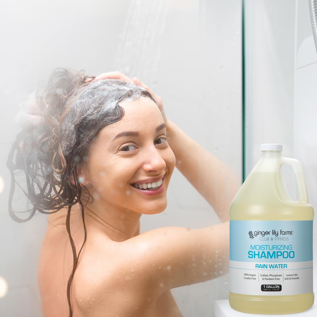 Ginger Lily Farms bottle in spa bathroom conveying vegan care and calming scent