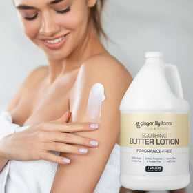 Ginger Lily Farms gallon in a spa locker room refill station promoting eco-friendly bulk supply