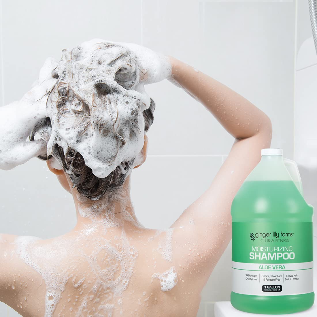 Ginger Lily Farms gallon placed in home bathroom for economical refill benefit