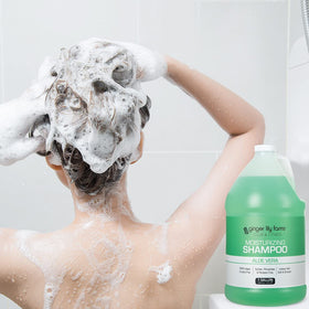 Ginger Lily Farms gallon placed in home bathroom for economical refill benefit
