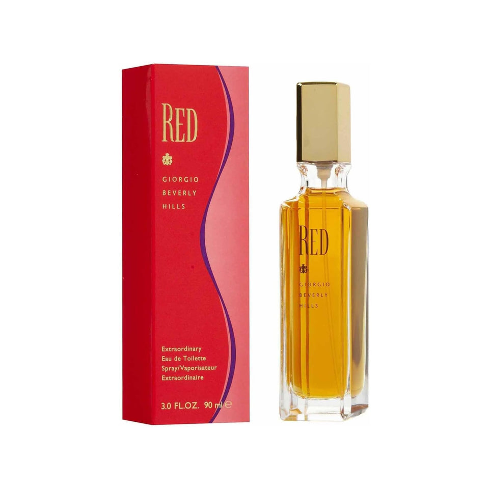 Giorgio Beverly Hills Red front packaging showing bottle and branding, elegant presentation benefit