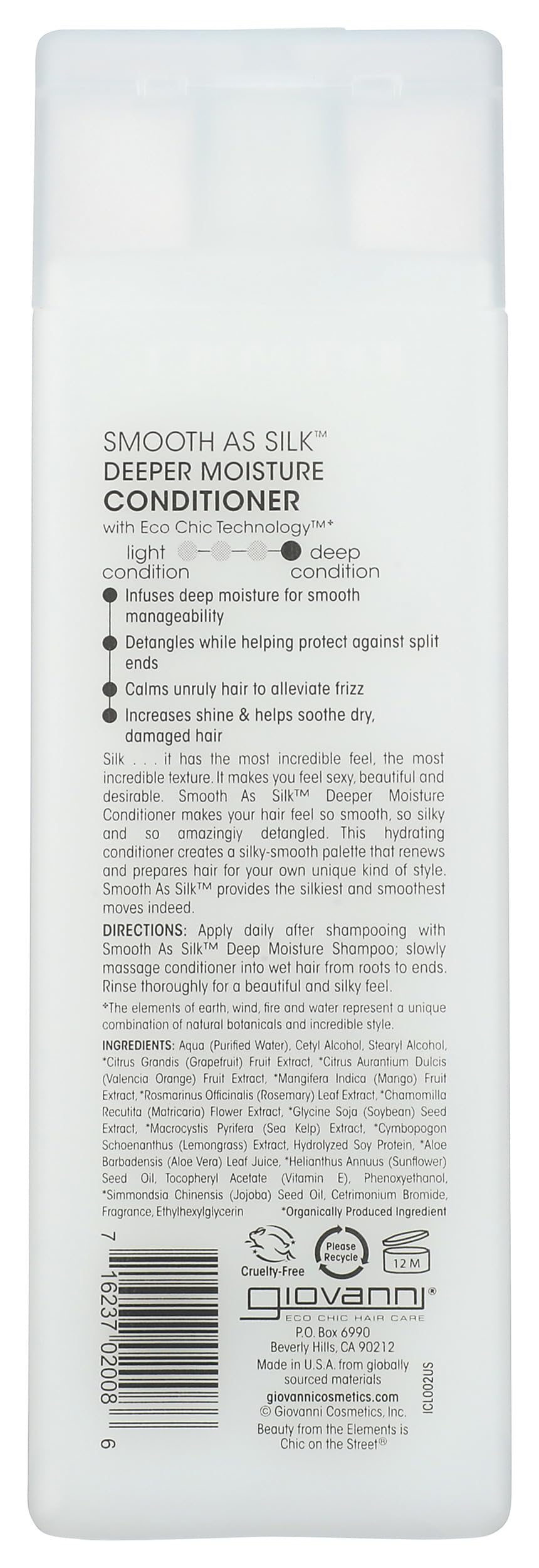 GIOVANNI back label with ingredients and directions for confident use