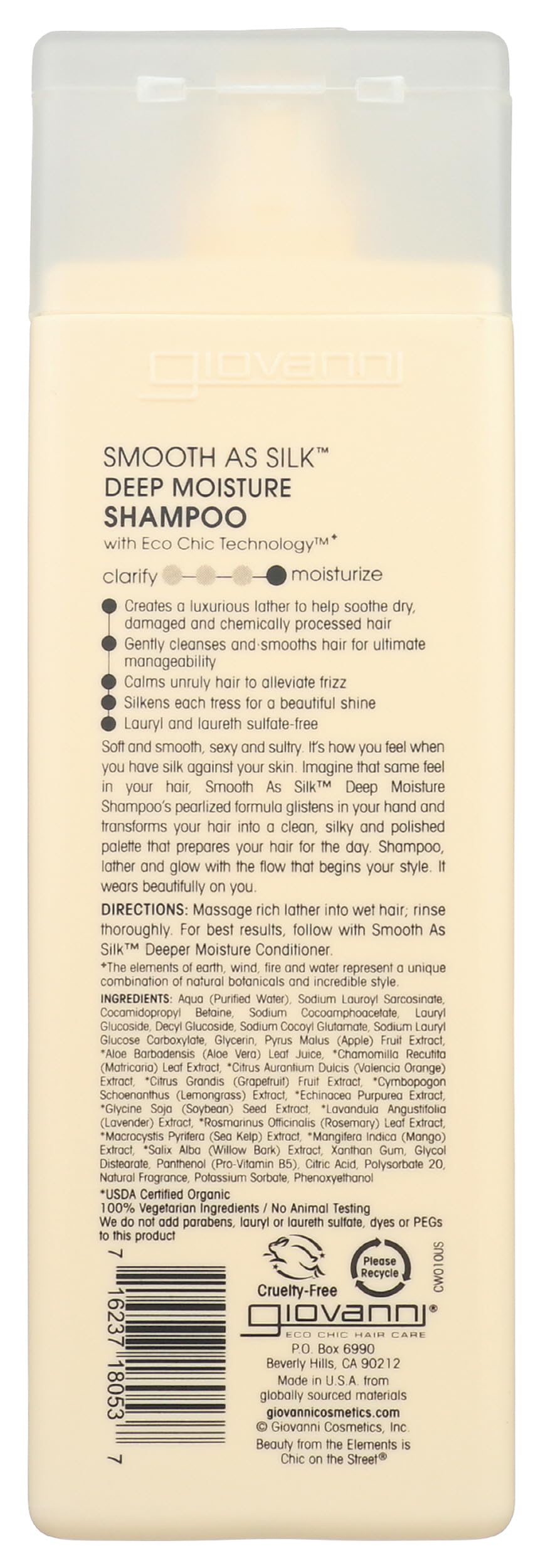 GIOVANNI back label highlighting ingredients and eco certifications