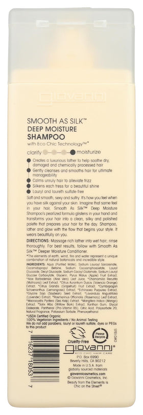 GIOVANNI back label highlighting ingredients and eco certifications