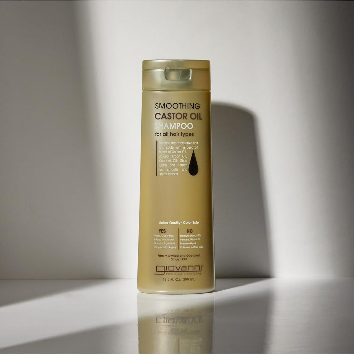 GIOVANNI label and pump close-up highlighting natural ingredient focus