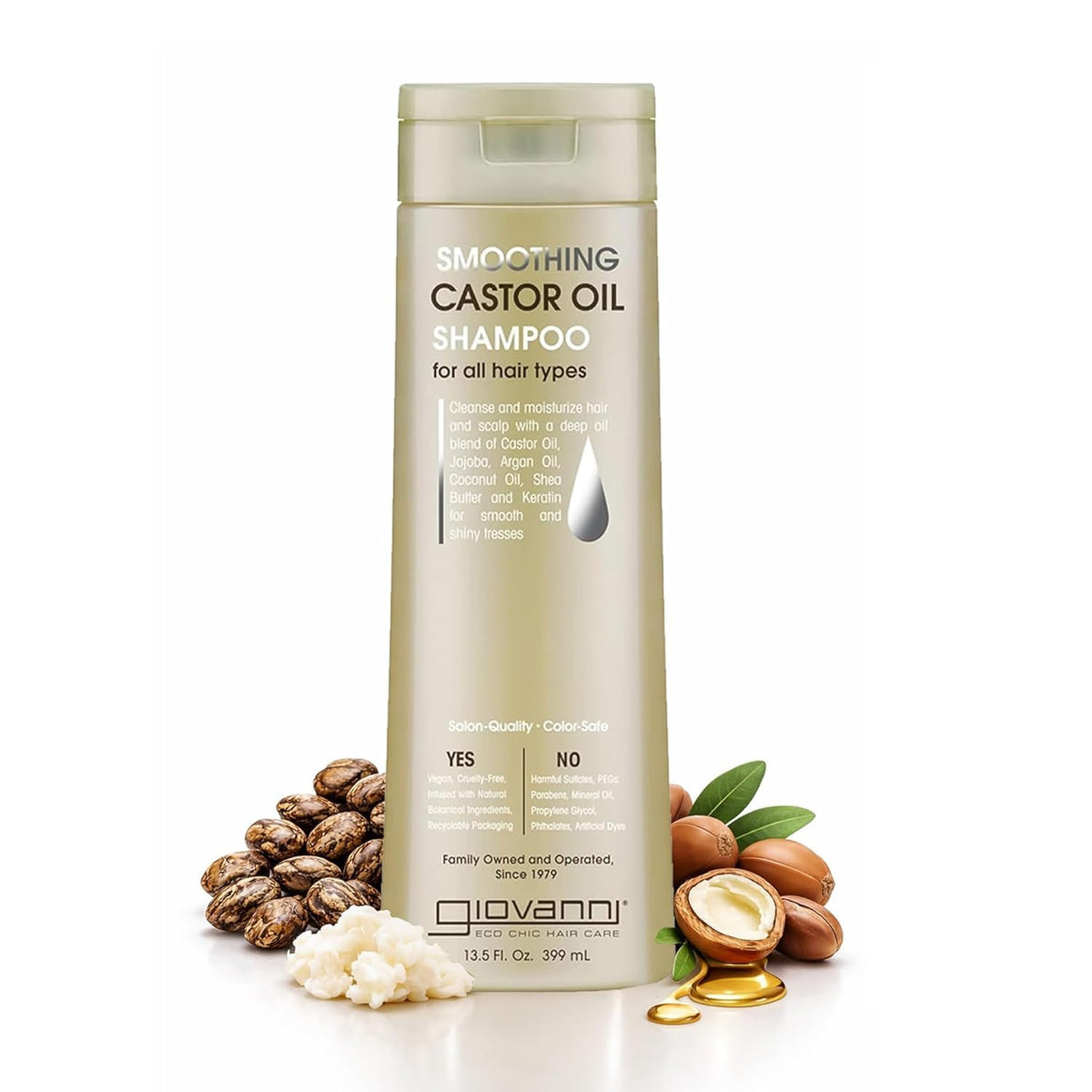 GIOVANNI front bottle showing smoothing castor oil shampoo benefits