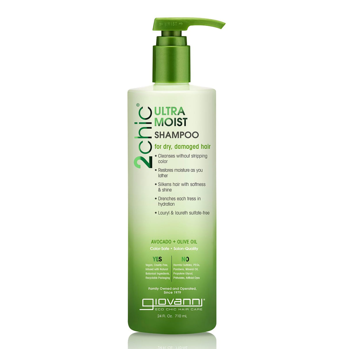 GIOVANNI front bottle showing label and creamy hydrating shampoo benefits