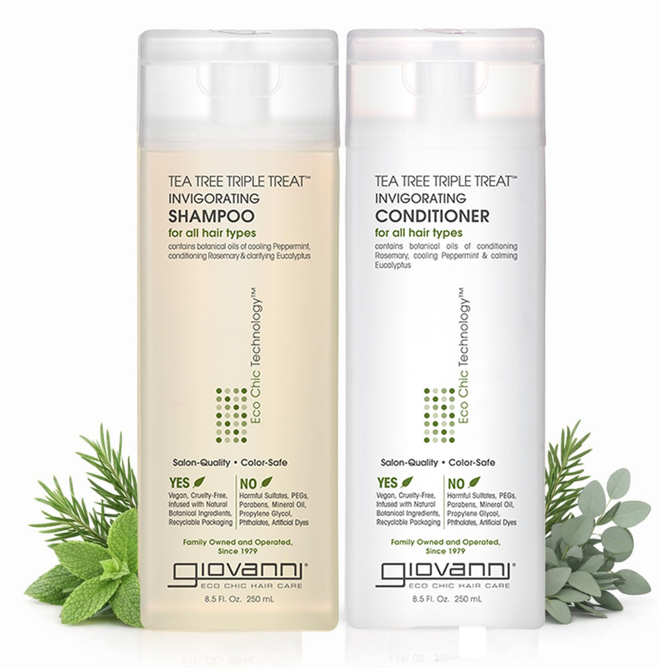 GIOVANNI front packaging of shampoo and conditioner, professional and refreshing