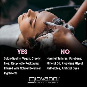Giovanni recyclable bottle label close-up emphasizing cruelty-free and sulfate-free benefits