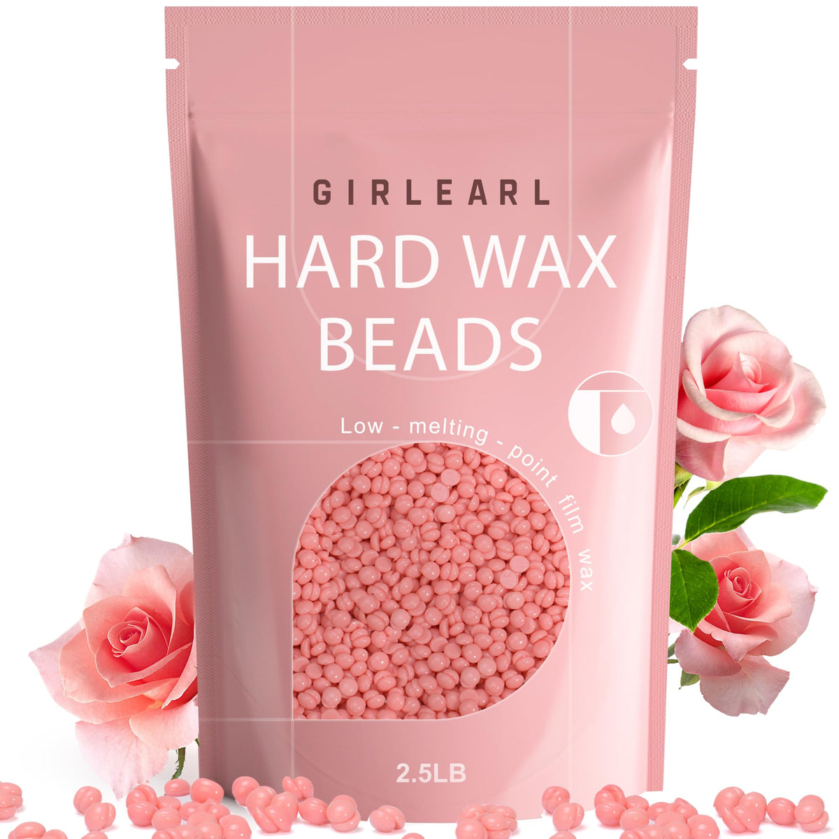 GIRLEARLE front package showing 2.5lb rose oil hard wax beads, clear product view and benefit