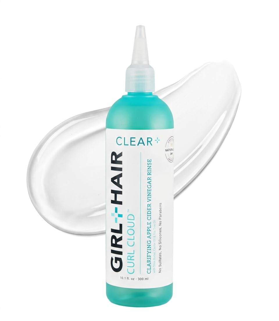 GIRL+HAIR front bottle of CLEAR+ ACV rinse showing clean packaging and benefits