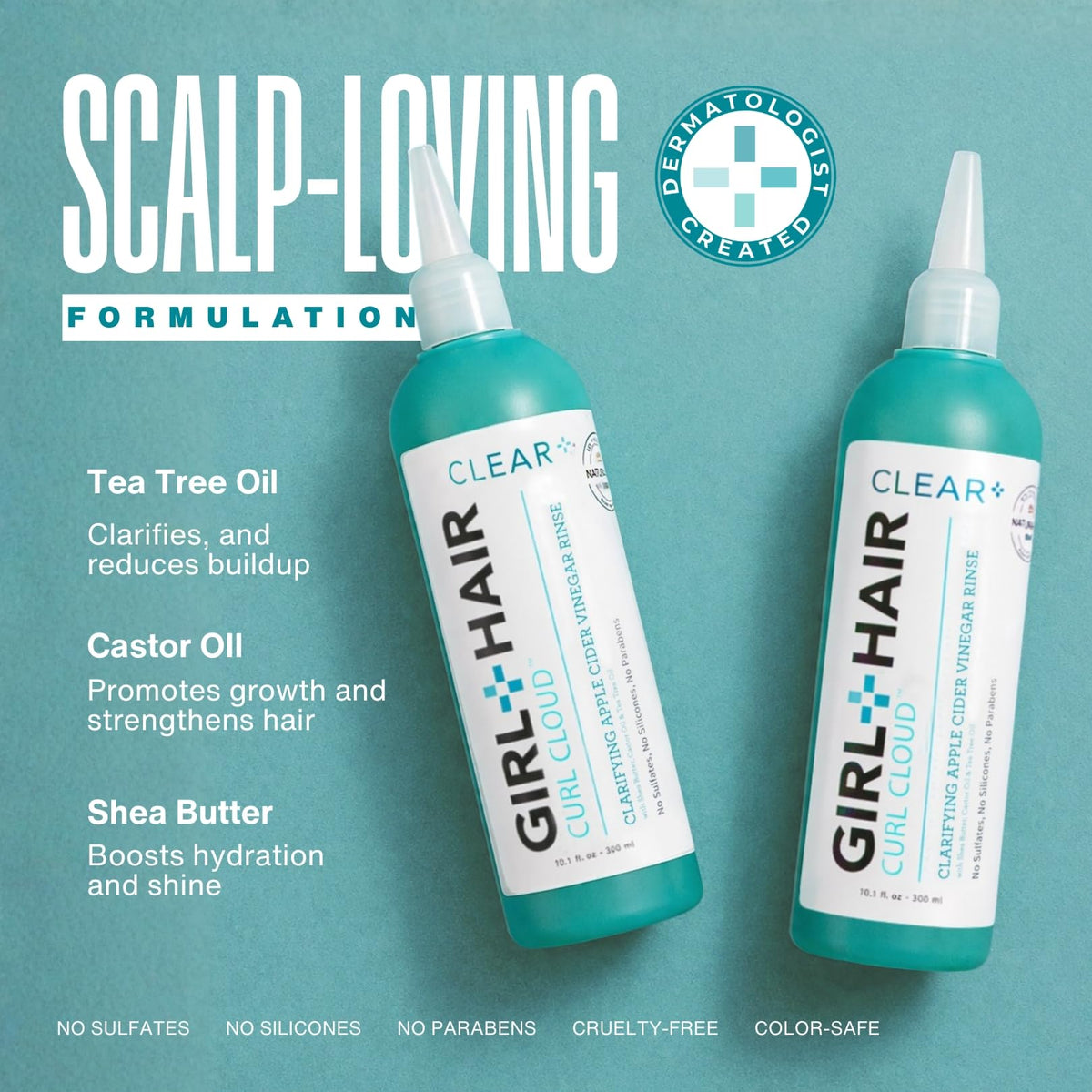 GIRL+HAIR rinse pouring to show thin liquid texture for gentle cleansing benefit