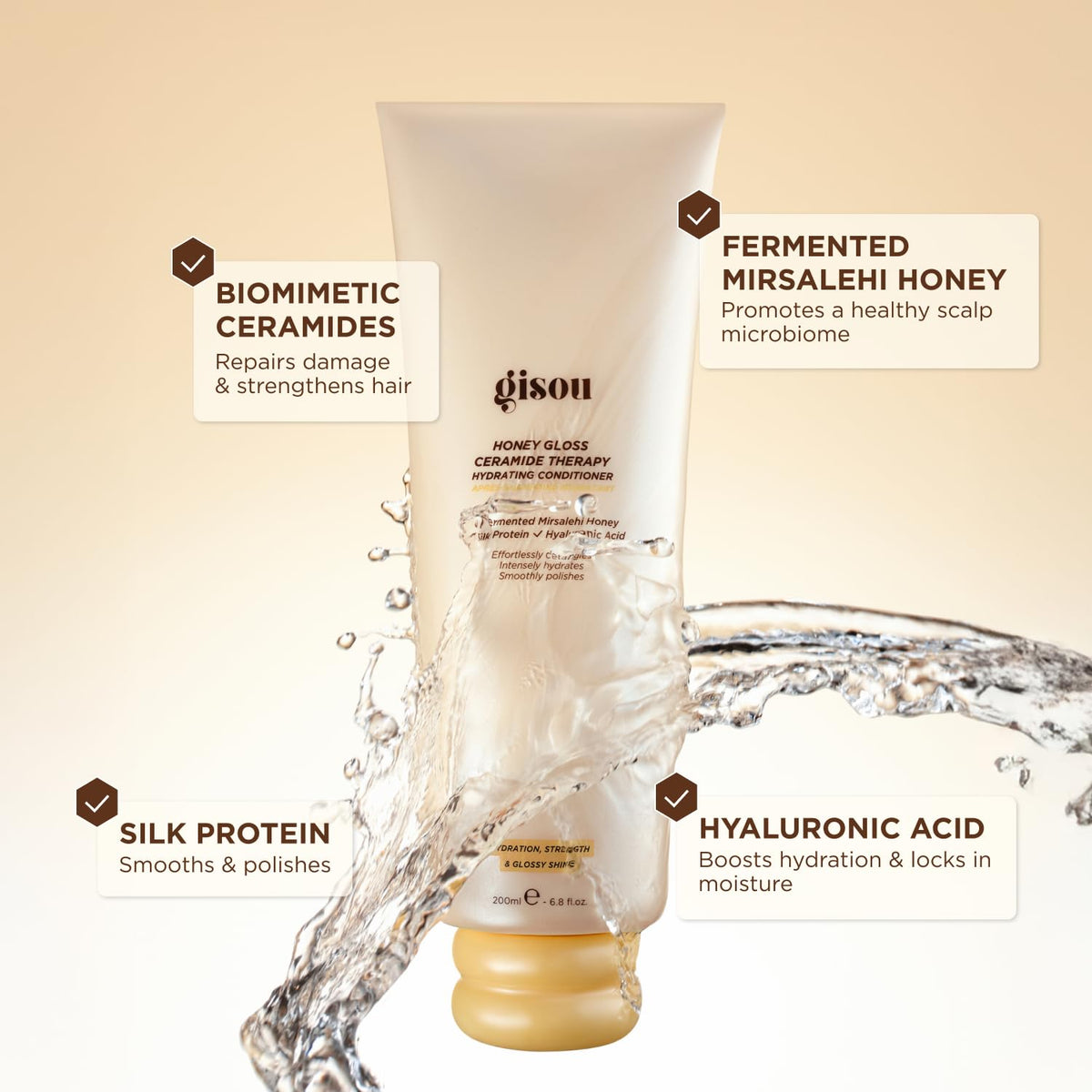 Gisou conditioner applied to wet hair in shower demonstrating detangling and slip during use
