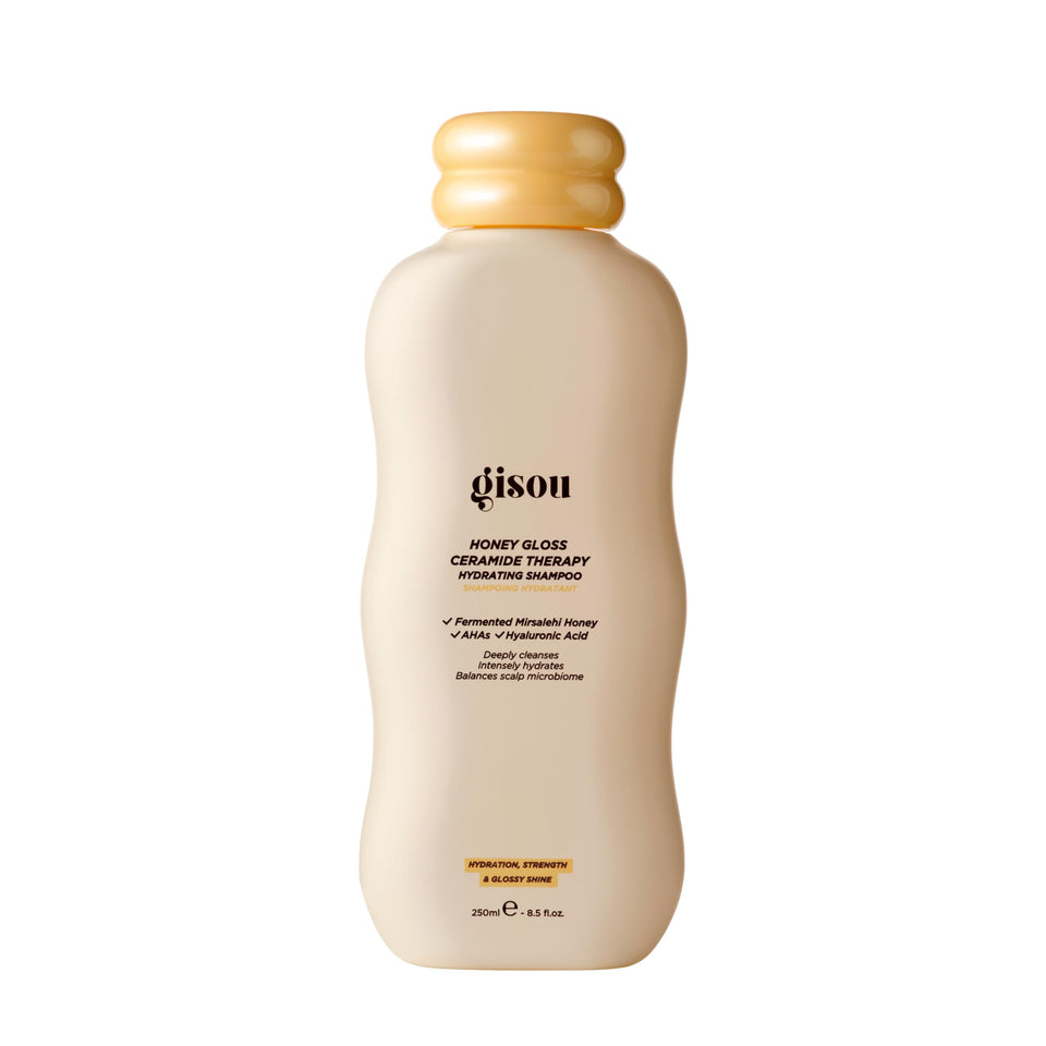 Gisou front packaging shows honey gloss shampoo, communicates premium cleansing