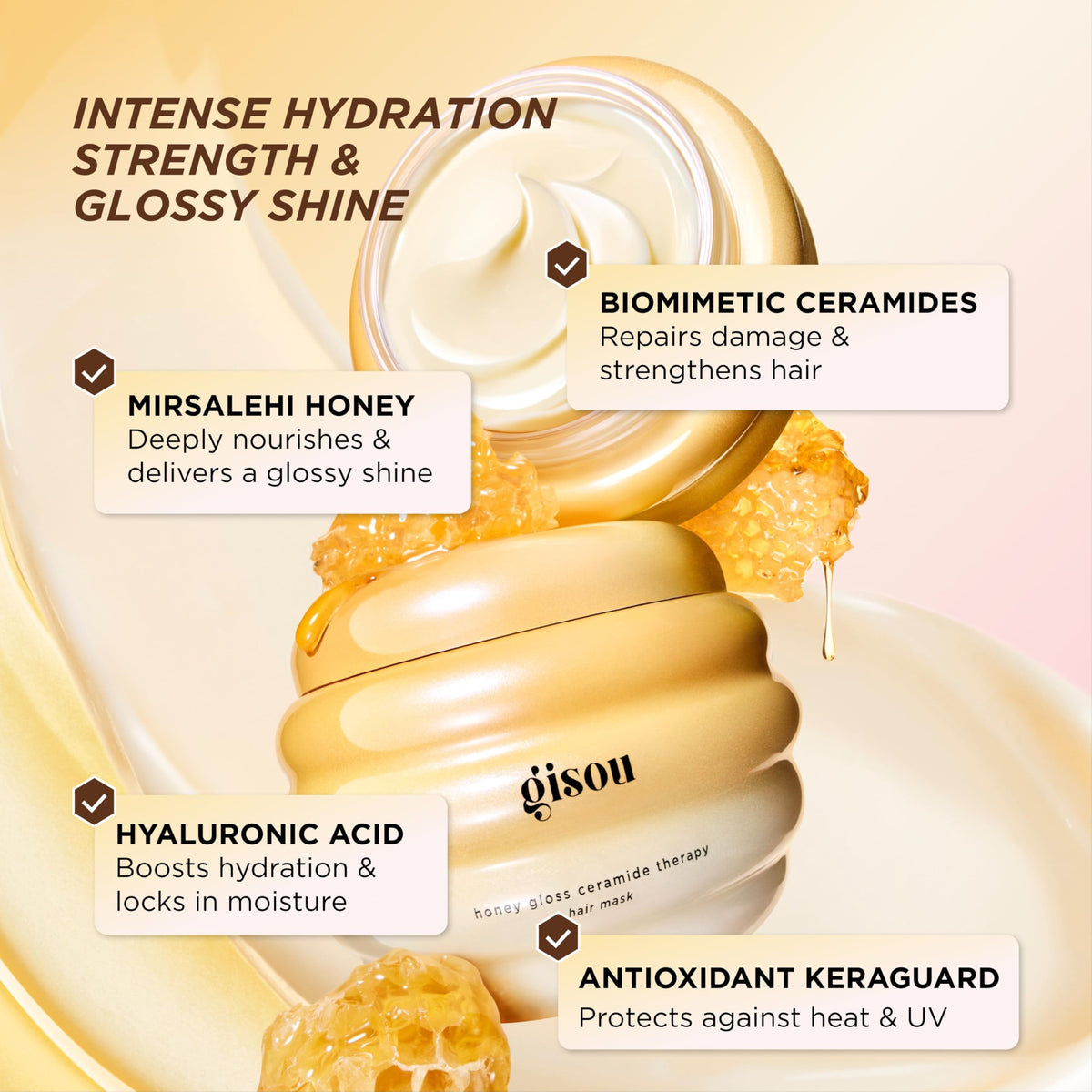 Gisou mask on spatula with honey swipe highlighting Mirsalehi Honey nourishment