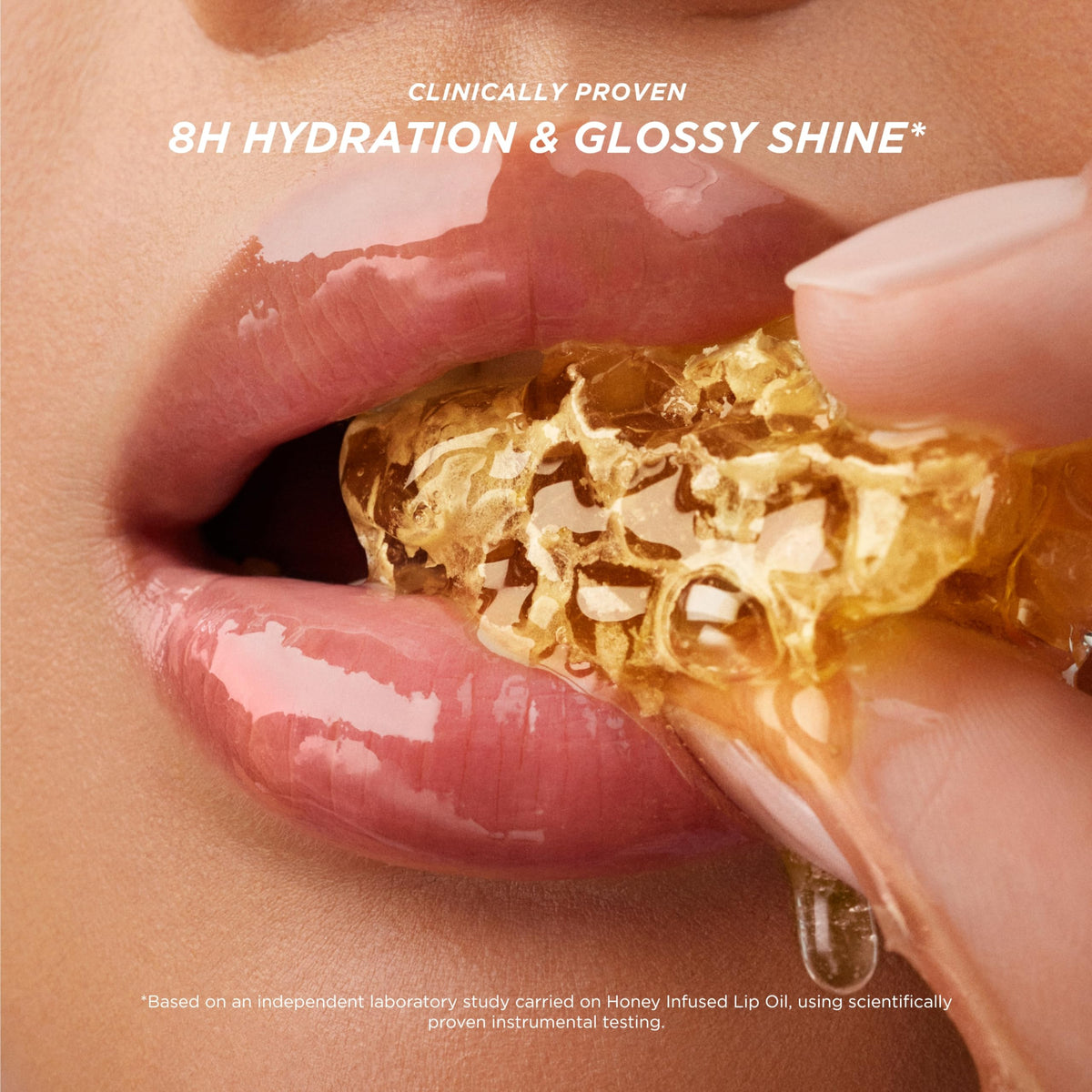 Gisou Fresh Honey on lips delivering hydrated, luminous look and comfort