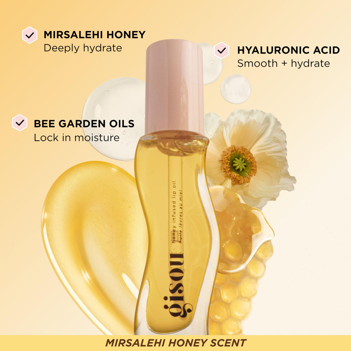 Gisou tube near honey dip illustrating Mirsalehi Honey ingredient and nourishment