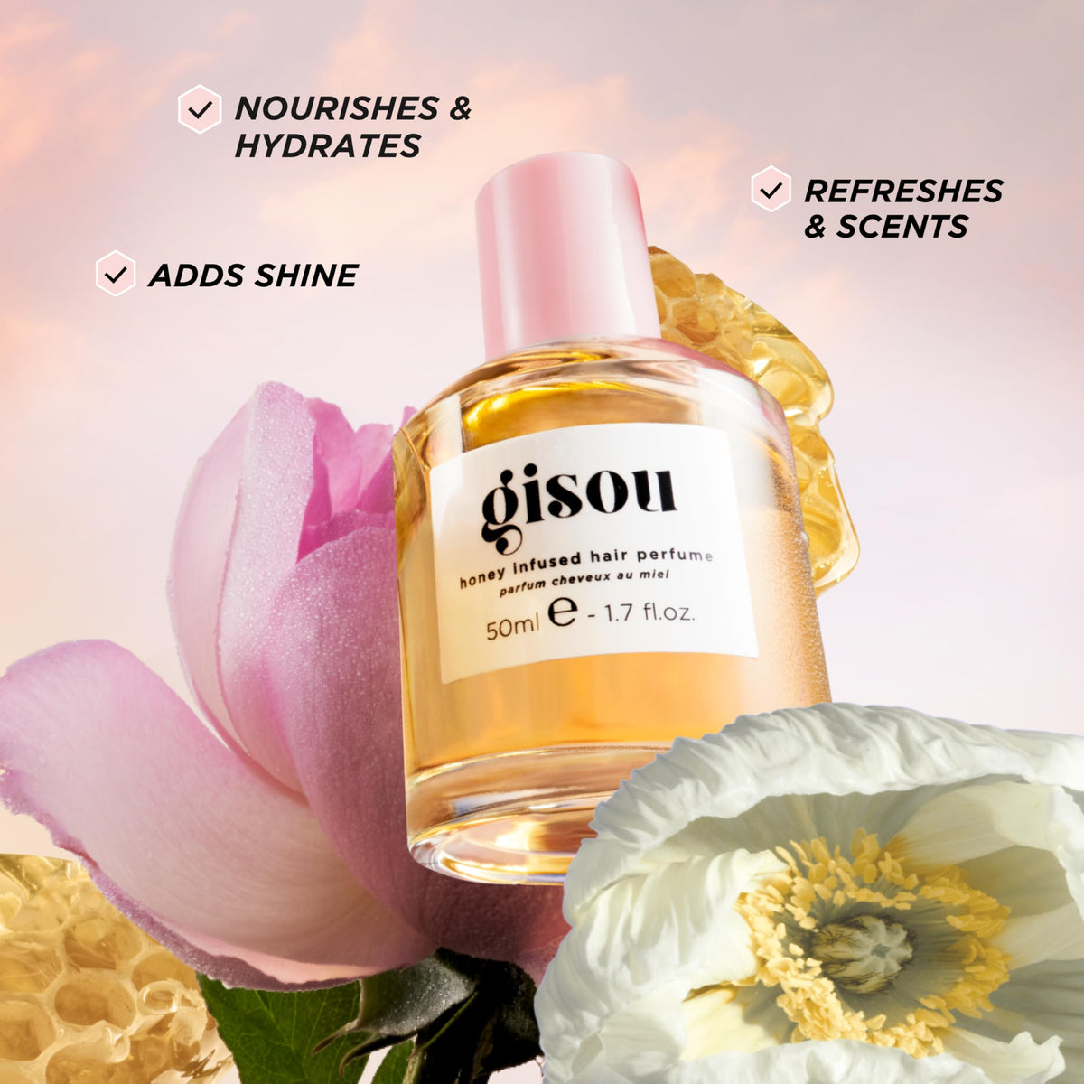Gisou close-up mist on hair displaying glossy finish and lightweight feel