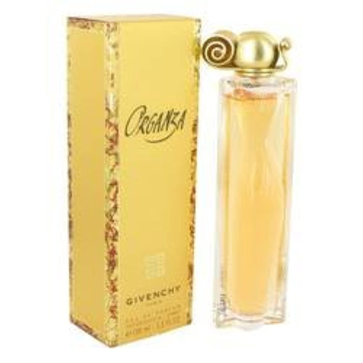 Givenchy ORGANZA bottle close-up highlighting glass design and spray nozzle for precise application