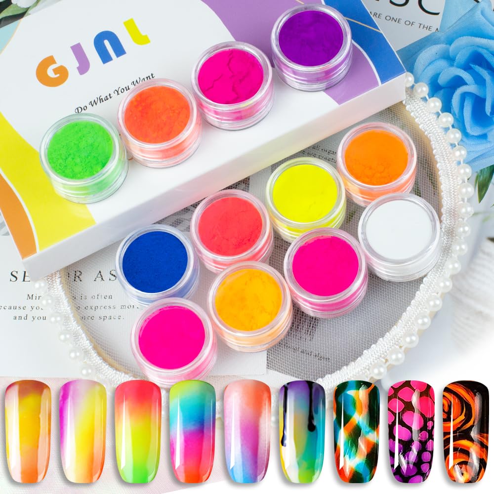 GJNL neon pigment powder jars opened to reveal twelve fluorescent shades for nails