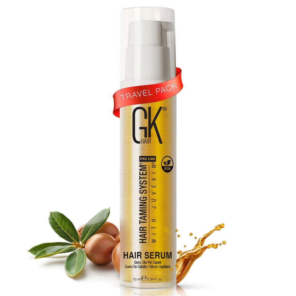 GK HAIR front packaging of travel-size argan oil shows compact bottle and benefits