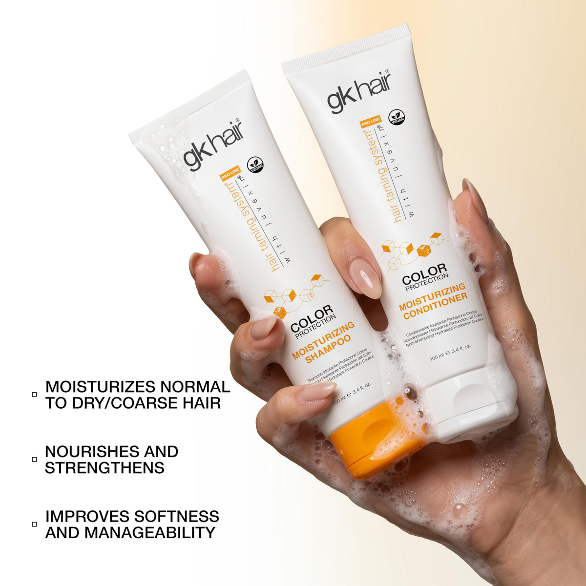 GK HAIR before-and-after shot showing enhanced shine and reduced frizz