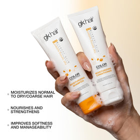 GK HAIR before-and-after shot showing enhanced shine and reduced frizz