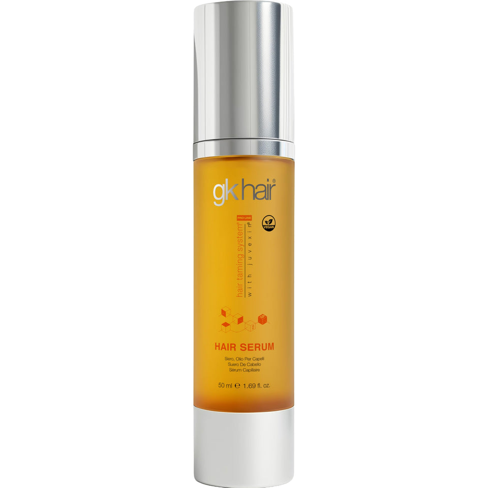 GK HAIR front bottle view showing compact travel-friendly size and sleek labeling