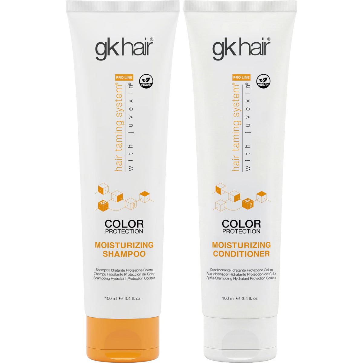 GK HAIR front packaging travel duo shows portable color-protecting bottles