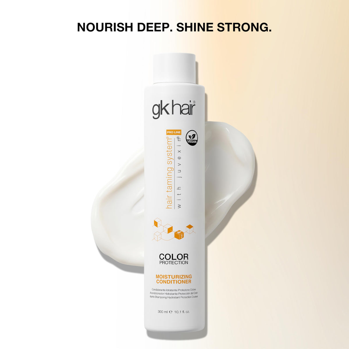GK HAIR conditioner on bathroom shelf in lifestyle setting