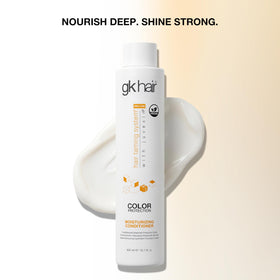 GK HAIR conditioner on bathroom shelf in lifestyle setting