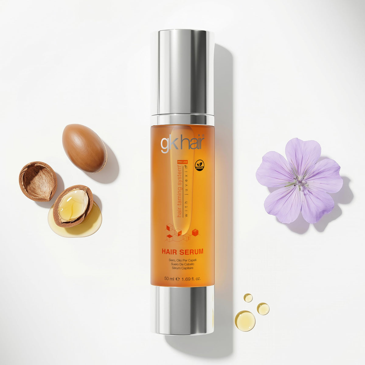 GK HAIR pump dispensing serum illustrating easy control and precise application