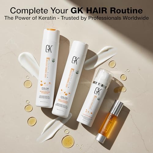 GK HAIR bottle in hand to show 1.69 oz scale and portable convenience