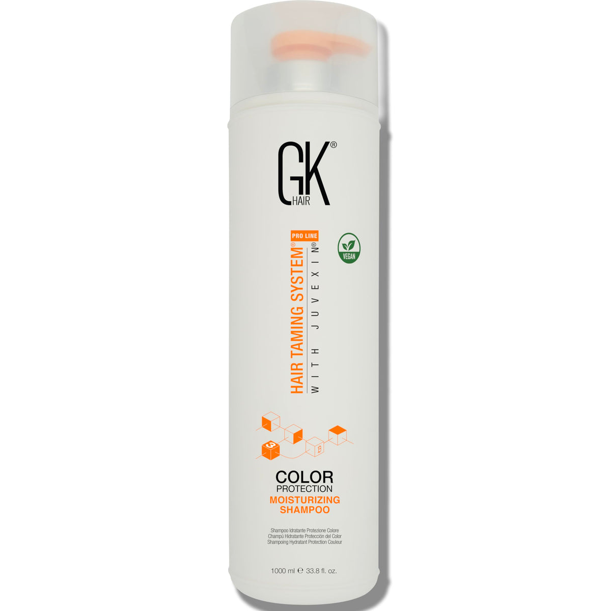GK HAIR front bottle view showing salon-size 1L and benefits