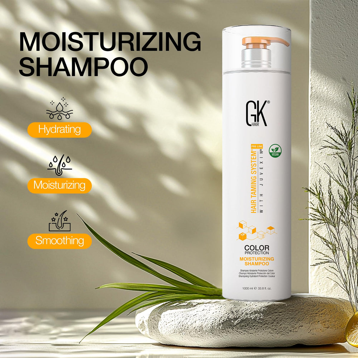 GK HAIR label close-up displaying ingredient claims and safety benefit