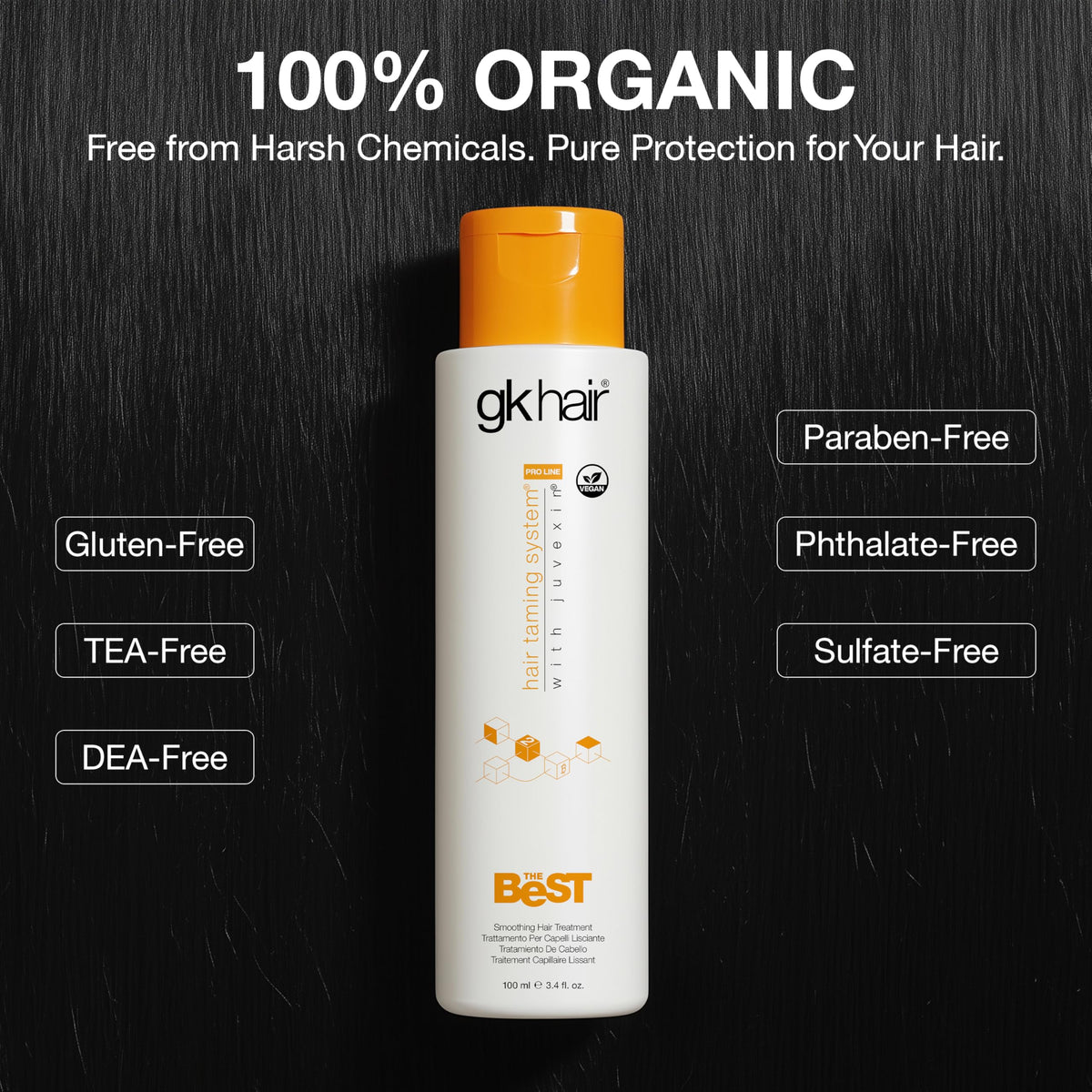 GK HAIR label close-up listing natural seed extracts and keratin benefits