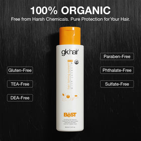 GK HAIR label close-up listing natural seed extracts and keratin benefits