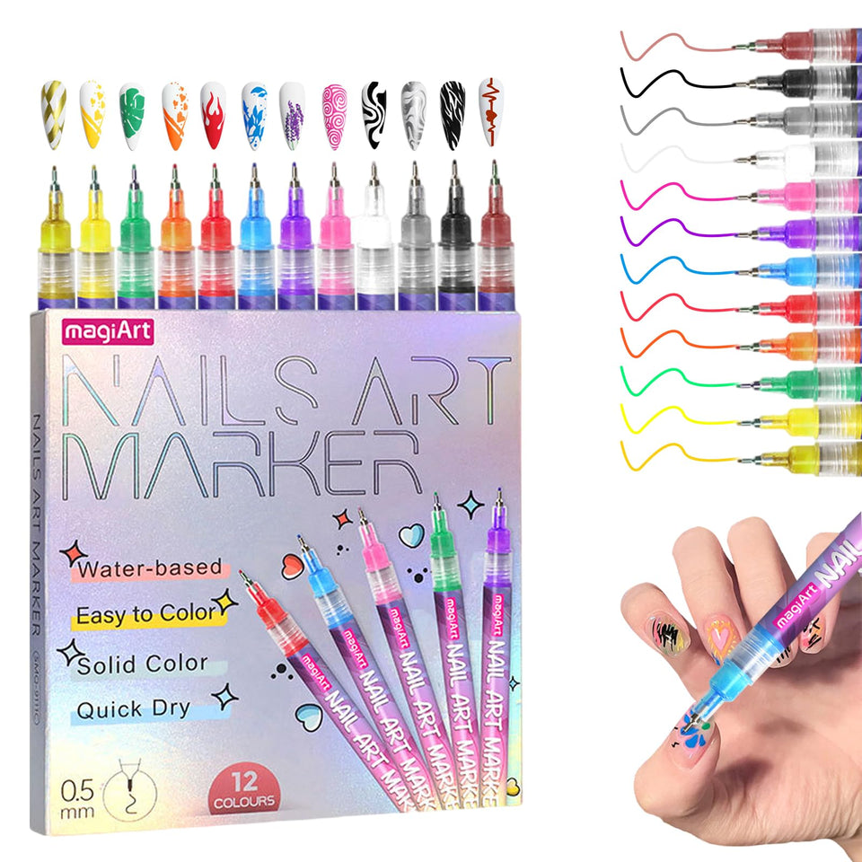 Gkweres front packaging showing twelve vibrant nail art pens and set benefits