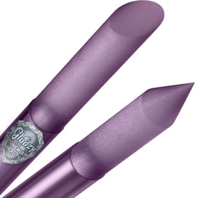 Gladzy front view of glass cuticle pusher showing shape and sleeve, durable and portable
