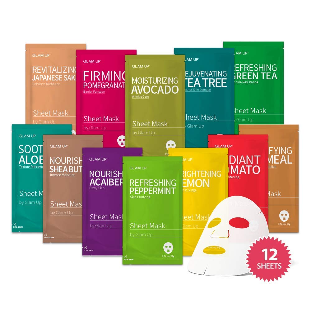GLAM UP front packaging showing twelve individually wrapped masks and branding benefit convenience