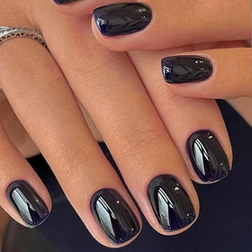 GLAMERMAID front packaging showing black extra short press-on nails and benefits